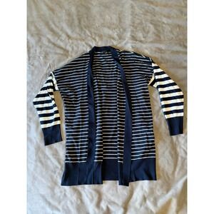 DKNY Womens Navy Blue White Striped Open Front Cardigan Sweater M/L Longline